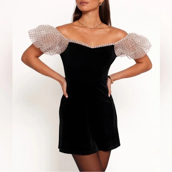 NWT REVOLVE Camila Coelho Black Mini Dress with Sheer Polka Dot Sleeves - Picture 2 of 5